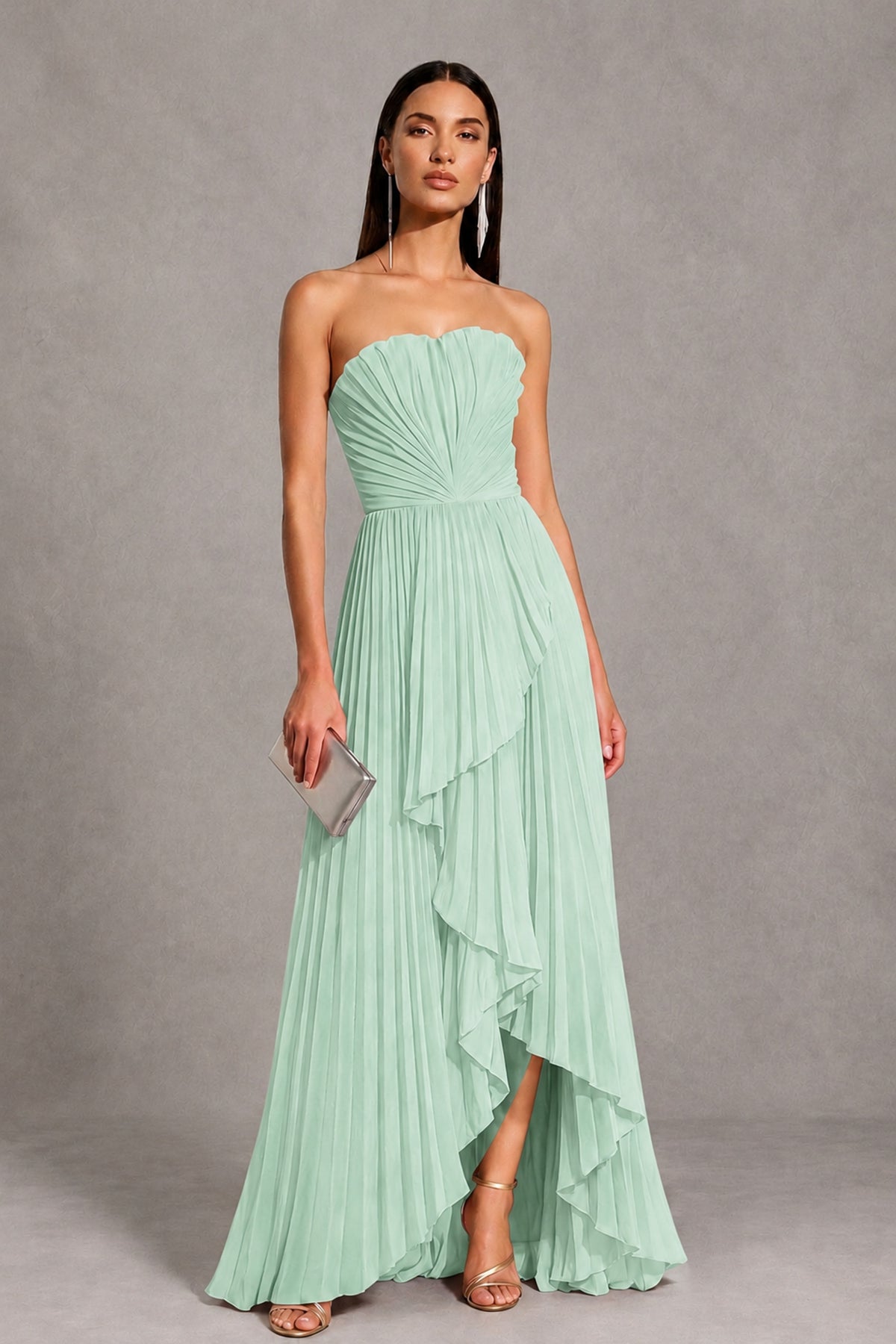 Mint Green Strapless Pleated High-Low Evening Gown with Ruffle Hem - Mint Green - Mint_Green_1