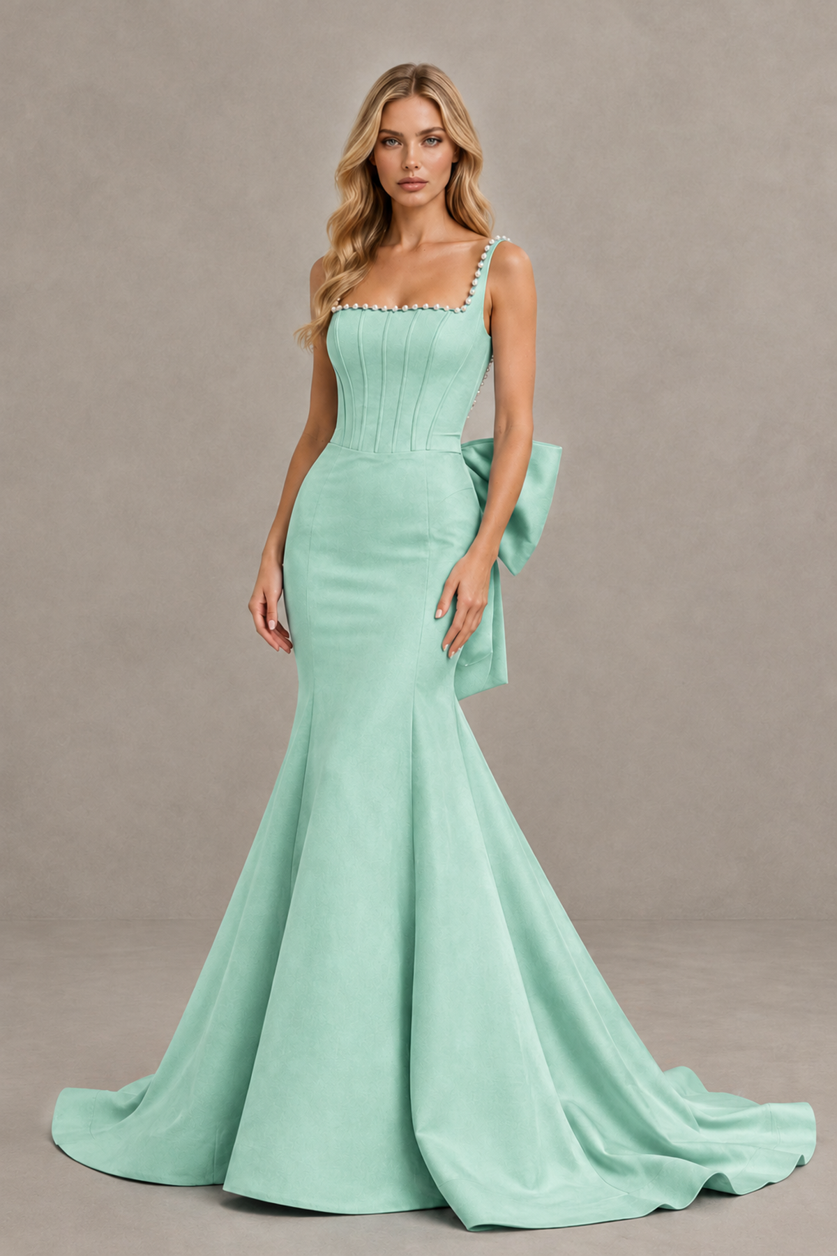 BOLODOO Mint Green Pearl-Trim Mermaid Prom Dress with Back Bow - Mint Green - Mint_Green_1
