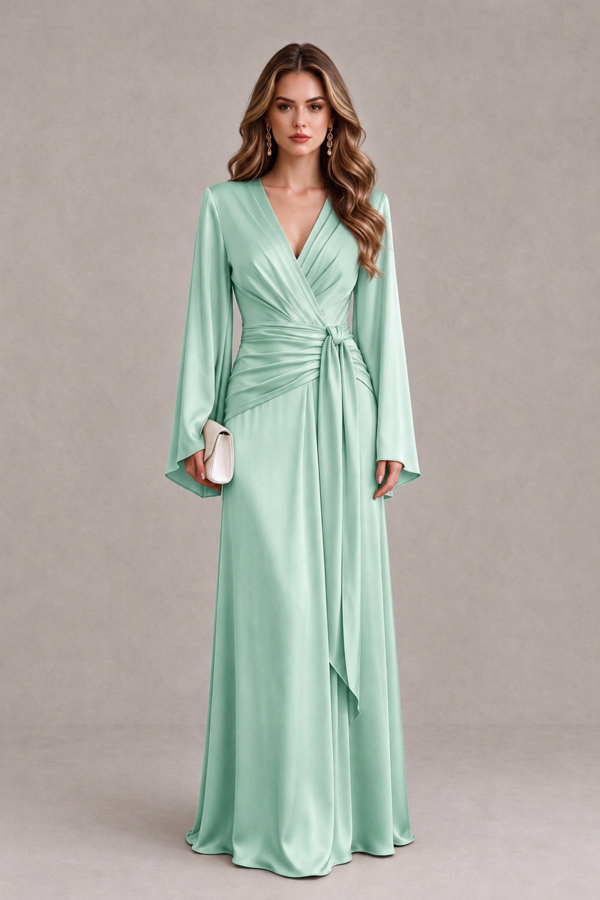 BOLODOO Mint Green Yellow Satin-Look V-Neck Long Bell Sleeve Evening Dress - Mint Green - Mint_Green_1
