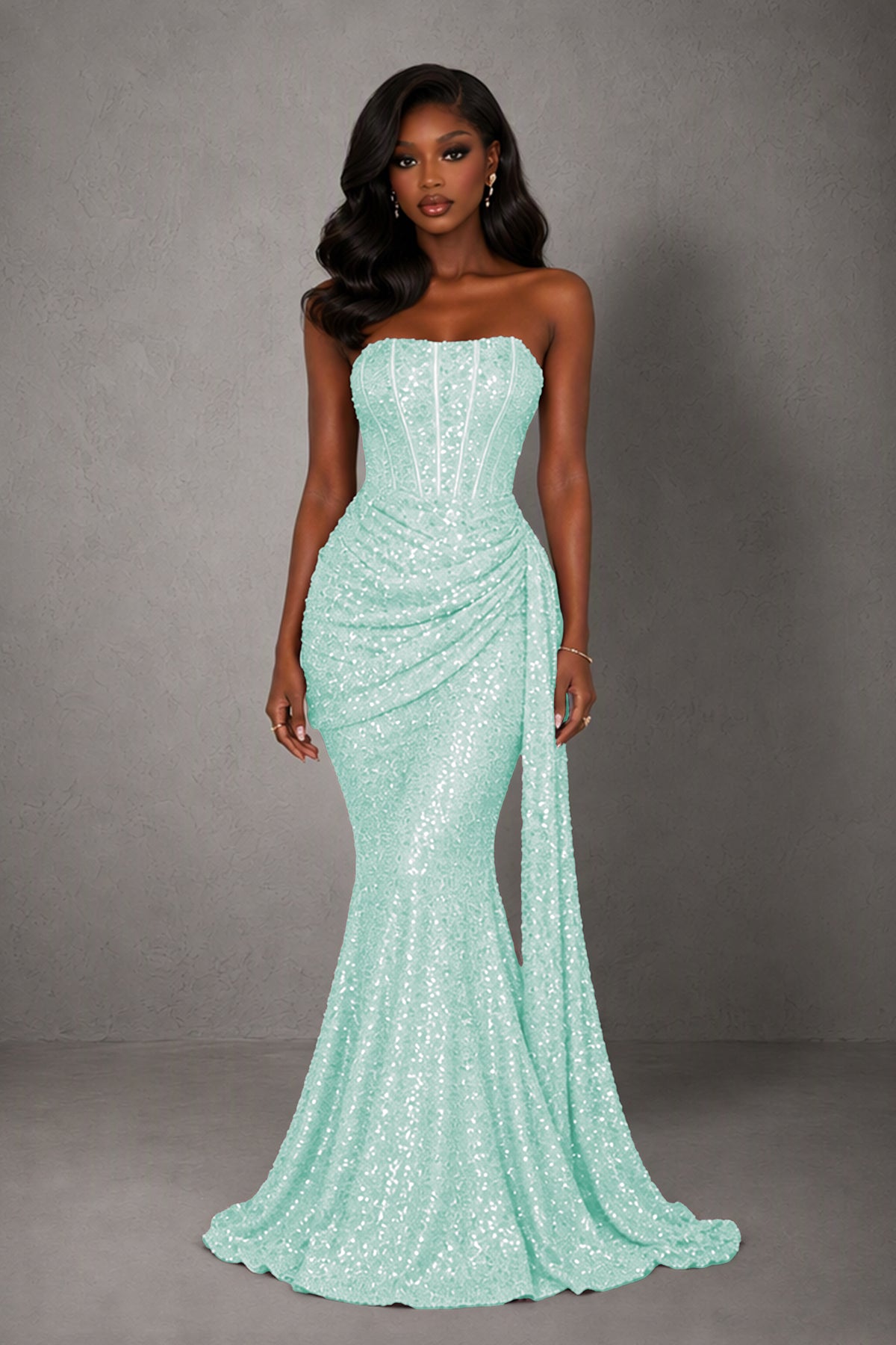 BOLODOO Mint Green Sequin Strapless Corset Mermaid Evening Gown with Train - Mint Green
