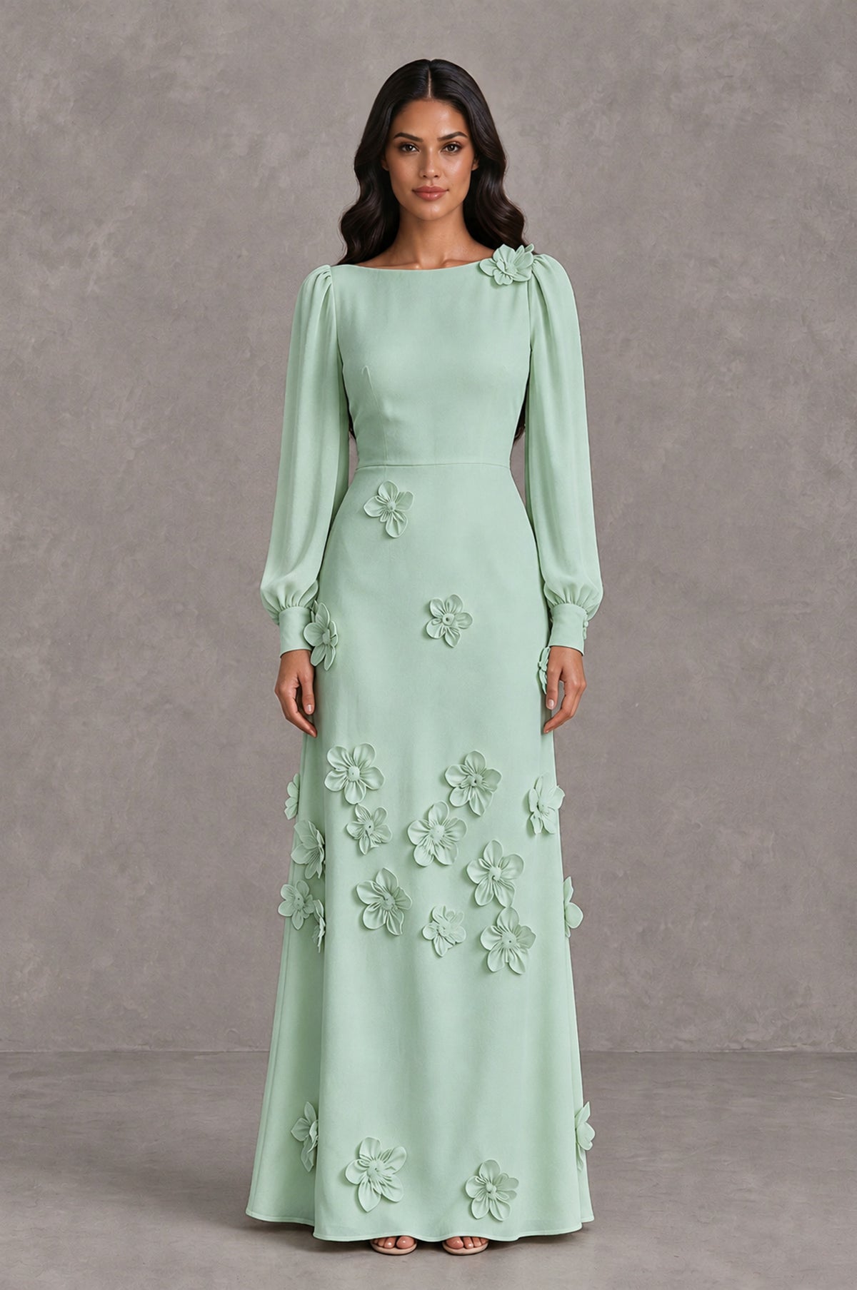 BOLODOO Mint Green Long Sleeve Floral Applique A-Line Evening Dress - Mint Green - Mint Green_1