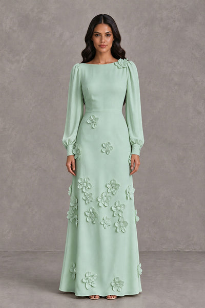 BOLODOO Mint Green Long Sleeve Floral Applique A-Line Evening Dress - Mint Green - Mint Green_1