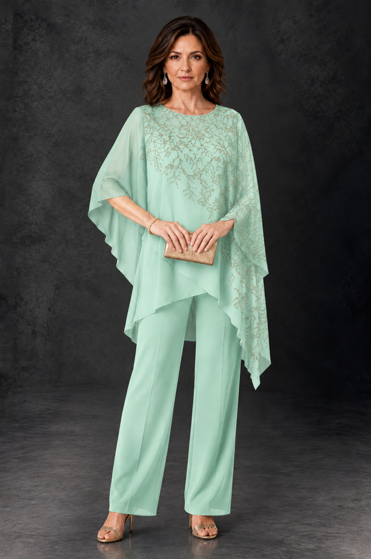 BOLODOO Mint Green Embellished Cape Pant Suit for Mother of the Bride - Mint Green - Mint_Green_1