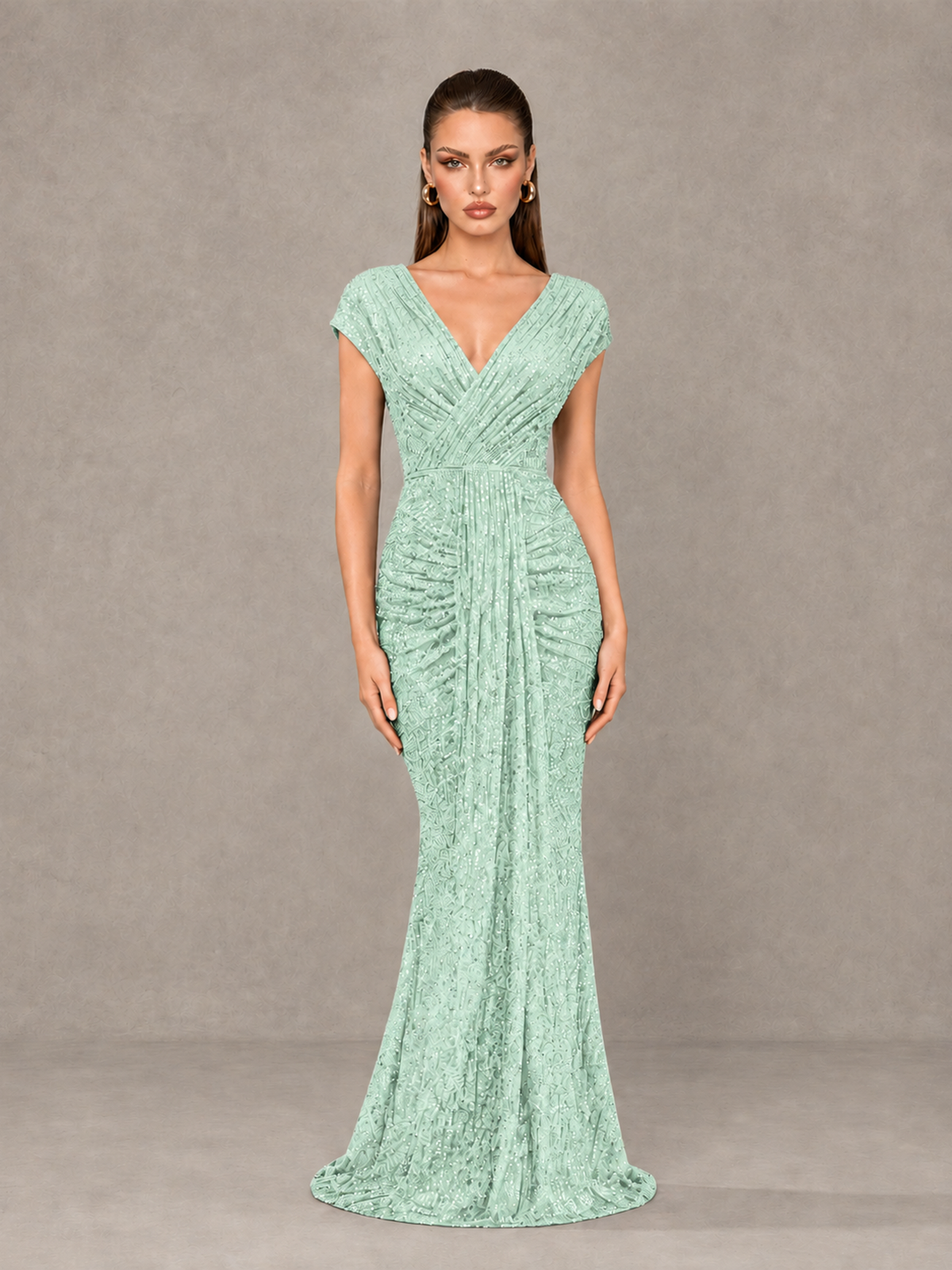 BOLODOO Mint Green Glitter V-Neck Cap Sleeve Ruched Mermaid Evening Gown - Mint Green - Mint Green_1
