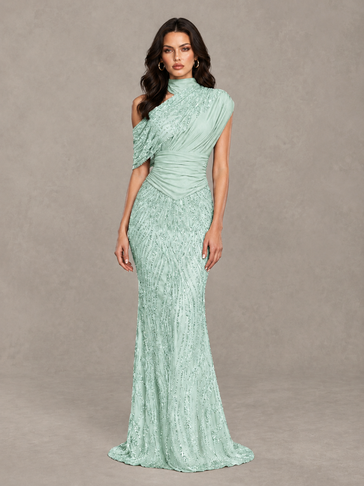BOLODOO Mint Green High Neck Draped Sequin Mermaid Evening Gown - Mint Green - Mint Green_1