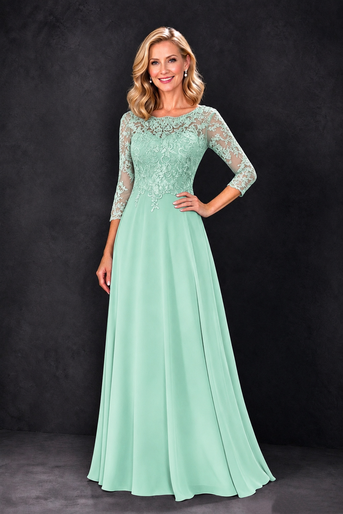 BOLODOO Mint Green Lace Embroidered Mother of the Bride Dress with 3/4 Sleeves - Mint Green - Mint Green_1