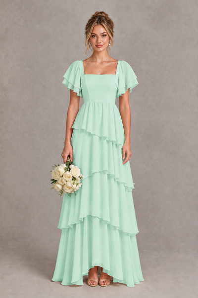 BOLODOO Mint Green Square Neck Flutter Sleeve Tiered Chiffon Bridesmaid Dress with Lace-Up Back - Mint Green - Mint Green_1