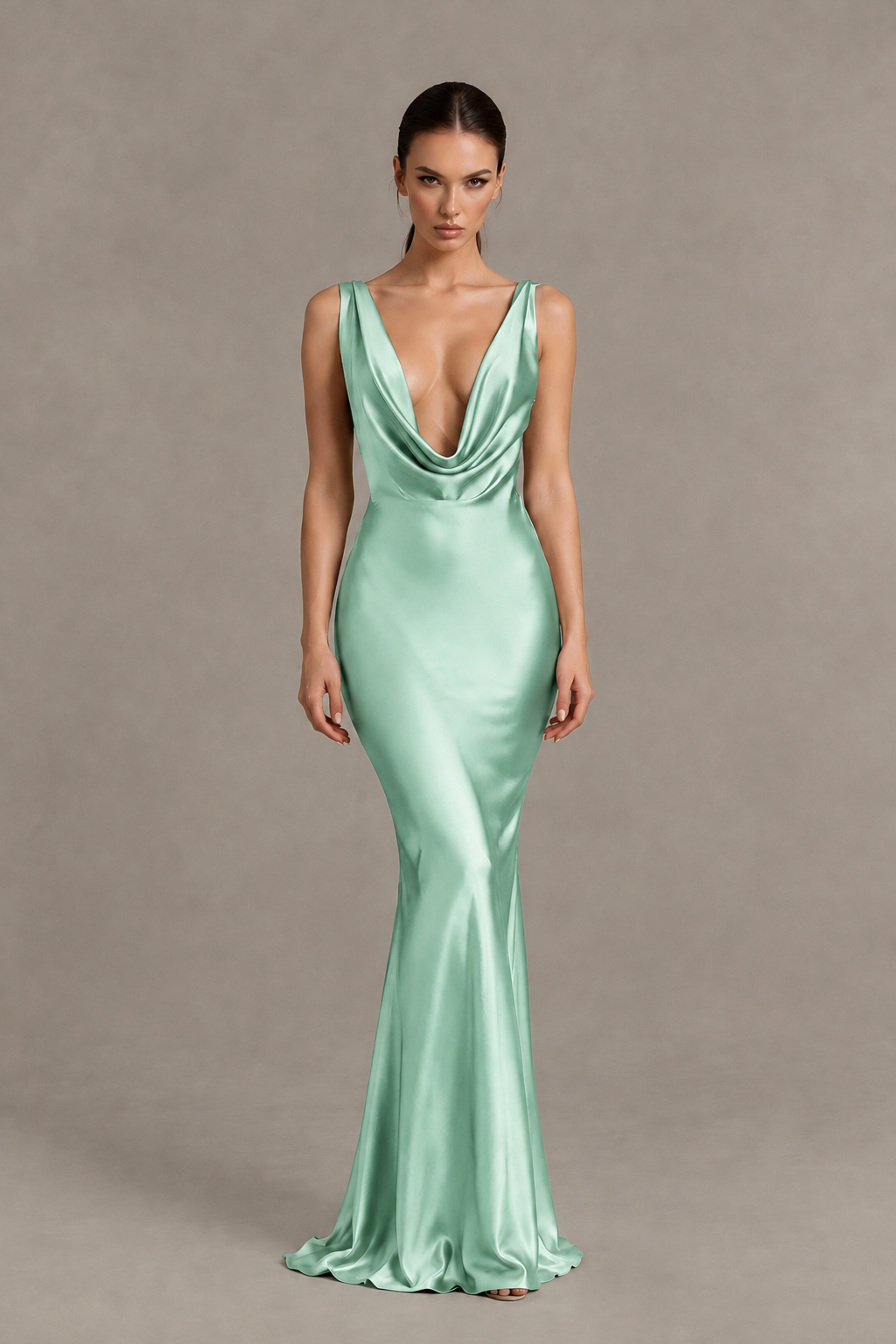 BOLODOO Mint Green Cowl Neck Backless Satin Mermaid Evening Dress - Mint Green - Mint Green_1