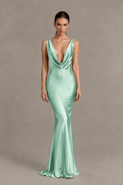 BOLODOO Mint Green Cowl Neck Backless Satin Mermaid Evening Dress - Mint Green - Mint Green_1