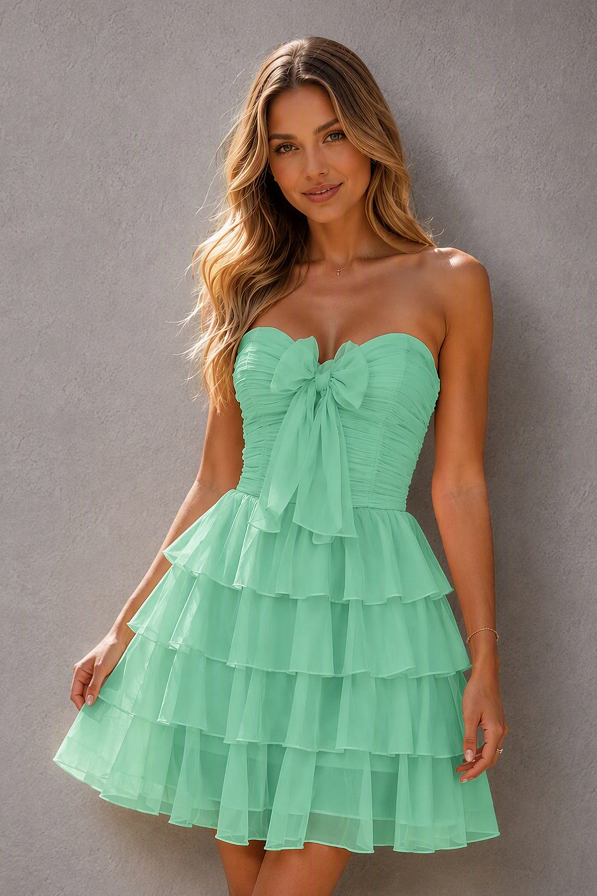 BOLODOO Mint Green Organza Strapless Sweetheart Bow Tiered Ruffle Mini Dress | BD0560 - Mint Green
