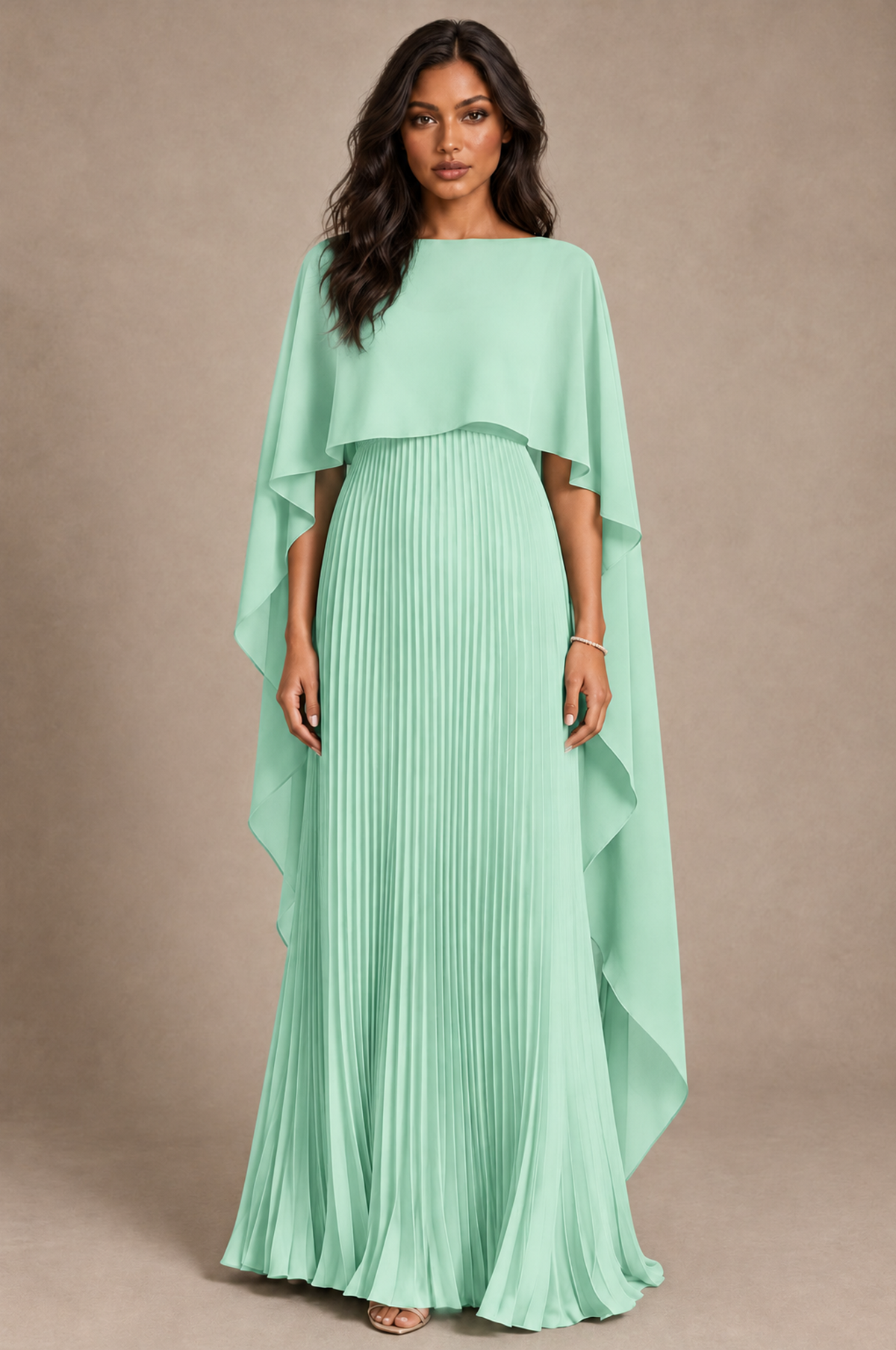 BOLODOO Mint Green Pleated Cape A-Line Evening Dress - Mint Green - Mint_Green_1