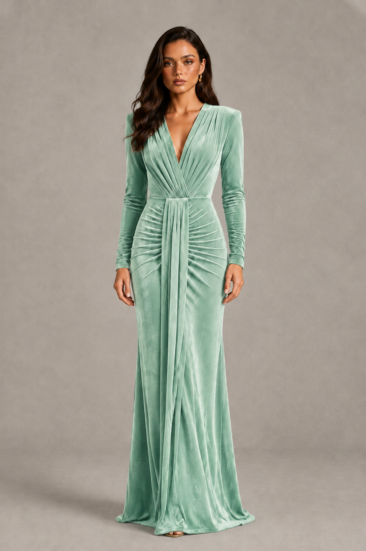 BOLODOO Mint Green Velvet Long Sleeve V-Neck Ruched Evening Gown - Mint Green