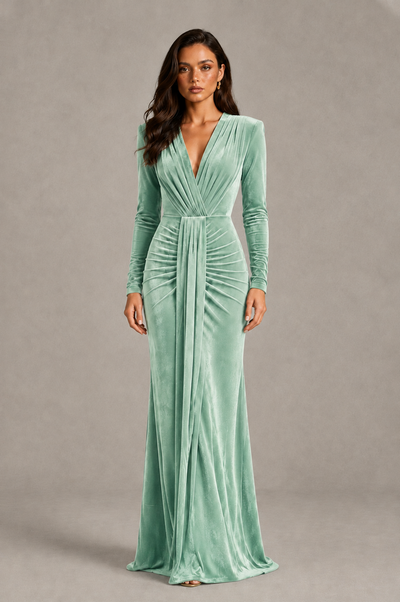BOLODOO Mint Green Velvet Long Sleeve V-Neck Ruched Evening Gown - Mint Green