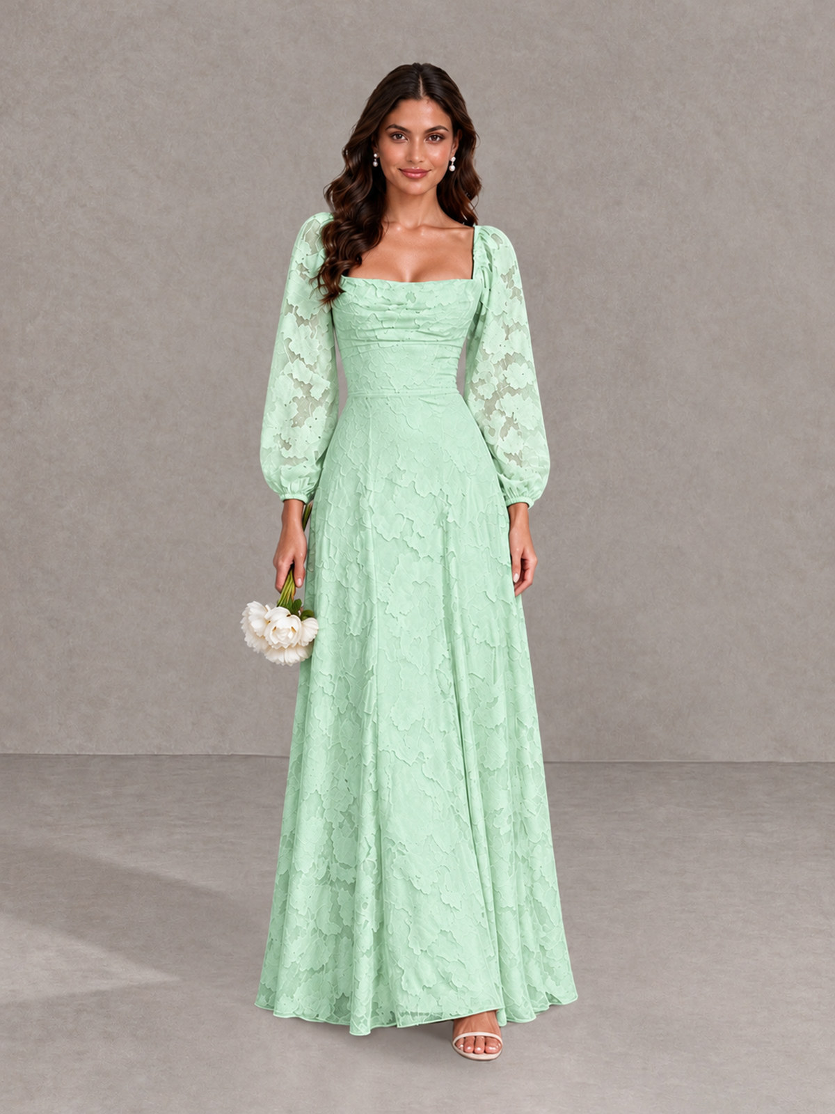 BOLODOO Mint Green Floral Long Sleeve A-Line Bridesmaid Dress - Mint Green - Mint Green_1