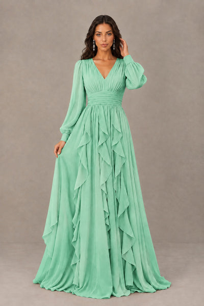 BOLODOO Mint Green Long Sleeve V-Neck Ruffle Maxi Dress - Mint Green