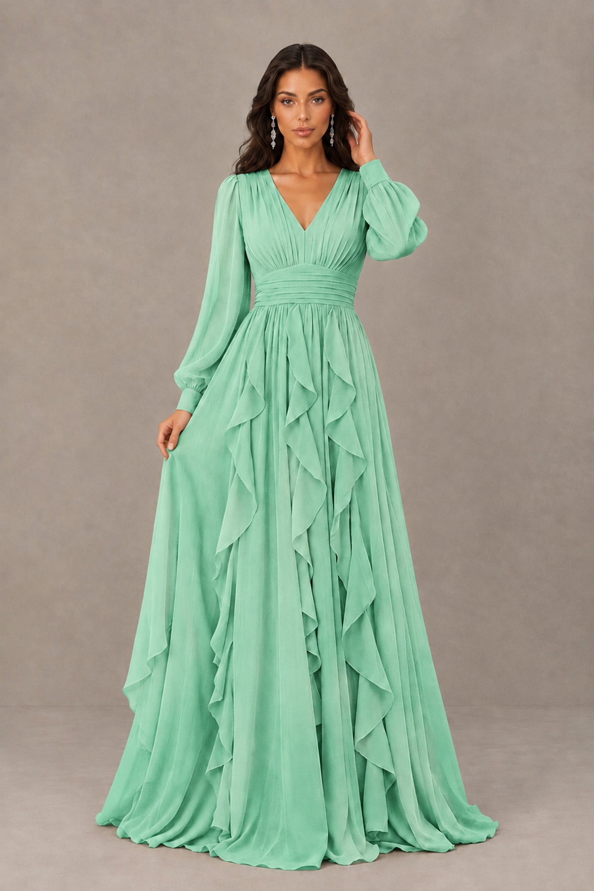 BOLODOO Mint Green Long Sleeve V-Neck Ruffle Maxi Dress - Mint Green