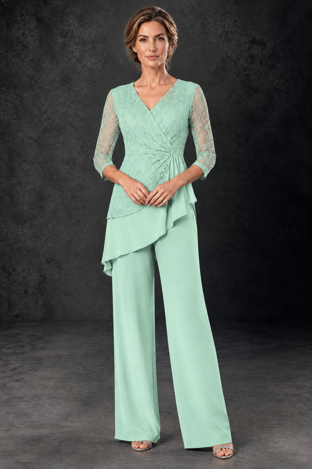 BOLODOO Mint Green Sequin Lace 3/4 Sleeve Chiffon Mother of the Bride Pant Suit - Mint Green - Mint_Green_1