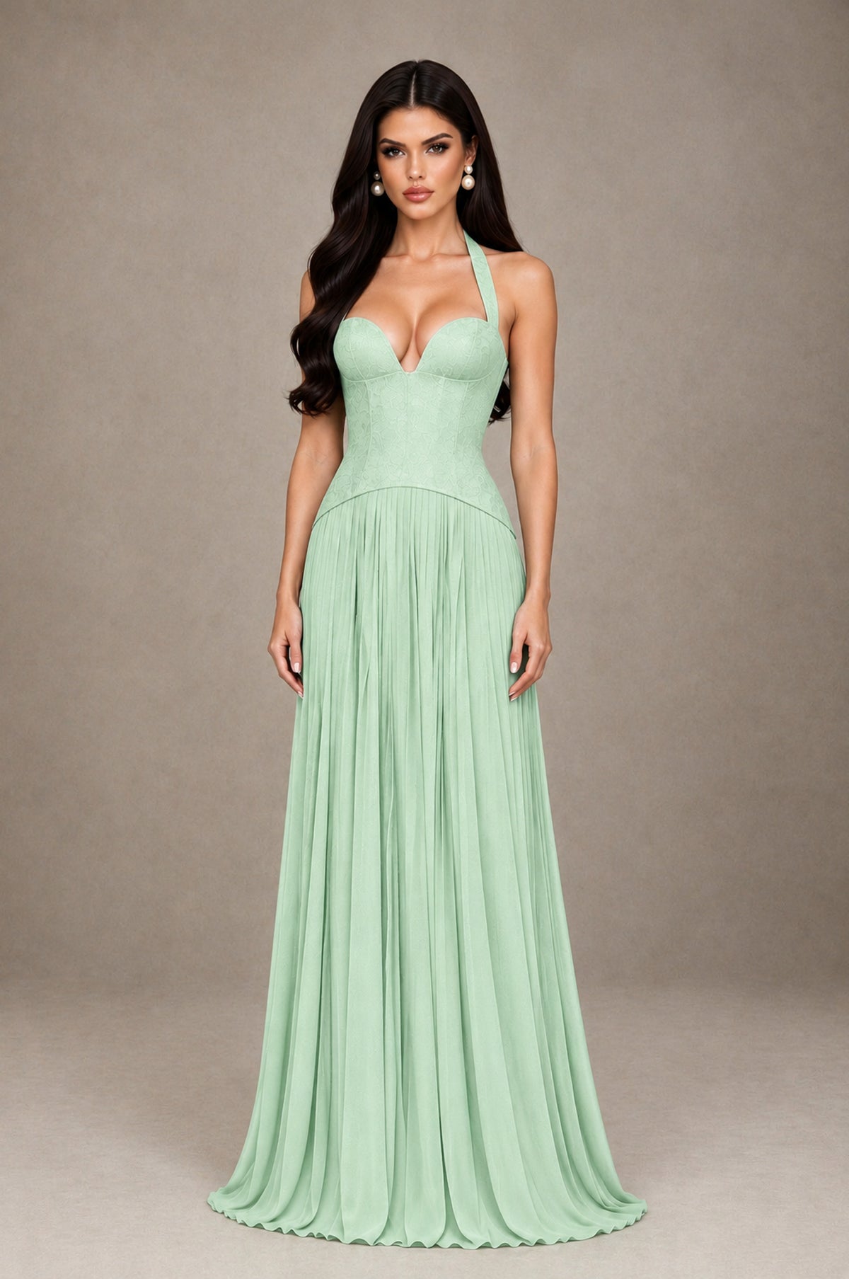 BOLODOO Mint Green Halter Corset Pleated A-Line Evening Dress - Mint Green - Mint Green_1
