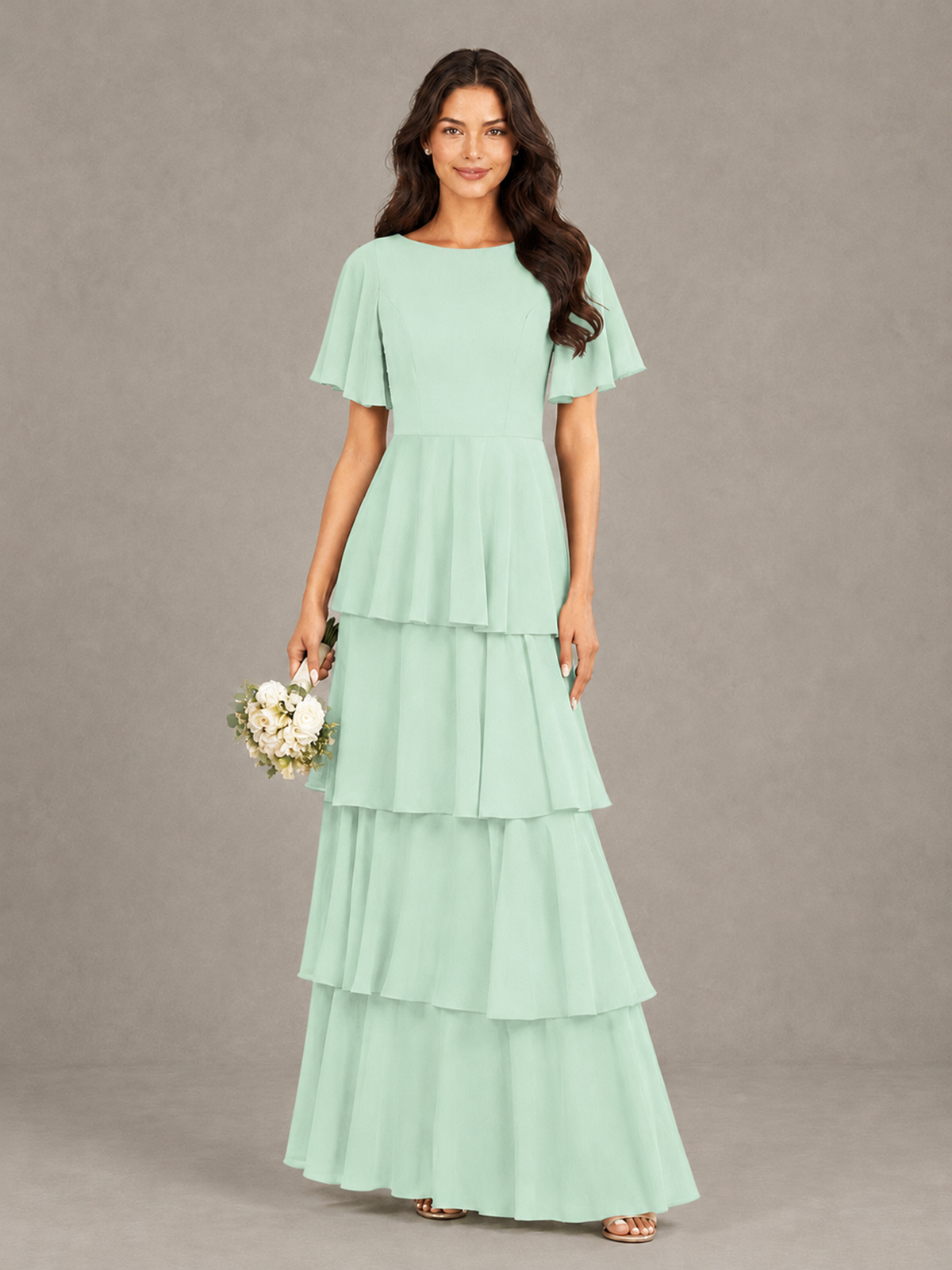 BOLODOO Mint Green Tiered Flutter Sleeve Bridesmaid Dress - Mint Green - Mint Green_1