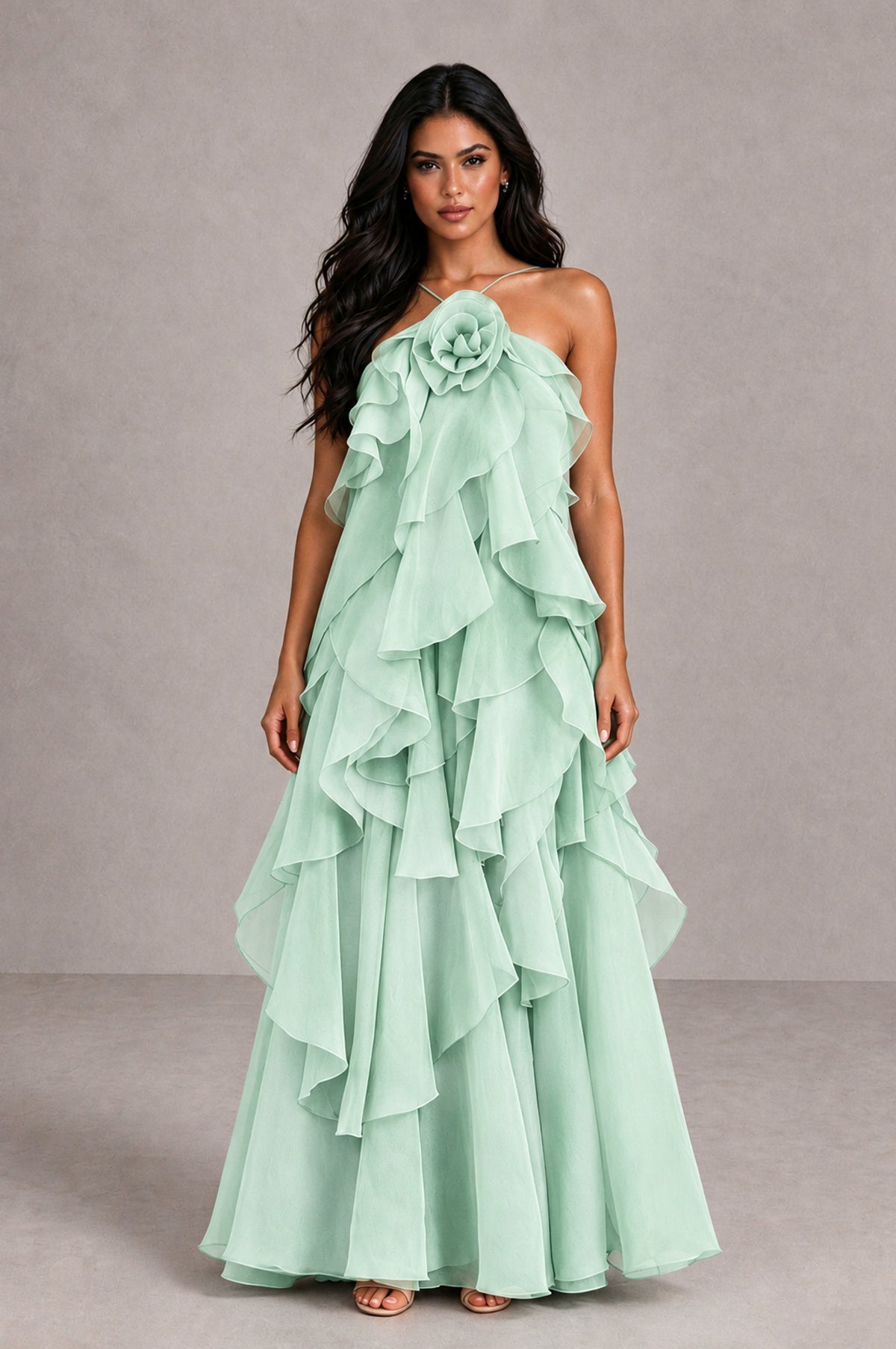 BOLODOO Mint Green Cascading Ruffle Rosette Open-Back Maxi Dress - Mint Green - Mint Green_1