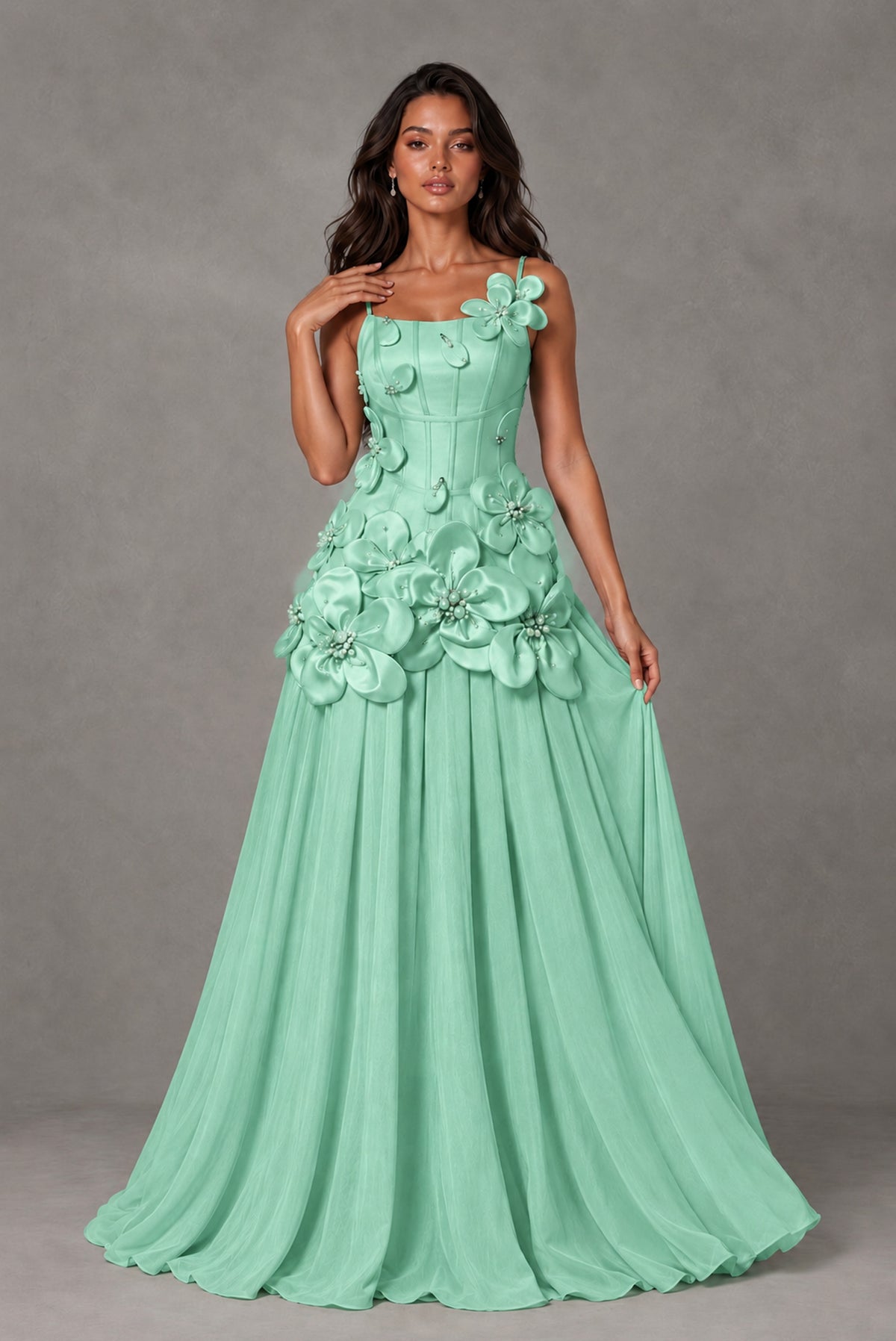 BOLODOO Mint Green 3D Floral Appliqué Floor-Length A-Line Evening Gown - Mint Green