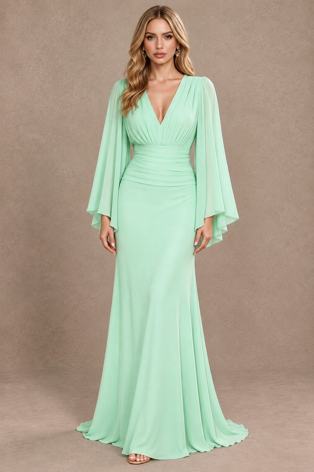 BOLODOO Mint Green Cape Sleeve V-Neck Ruched Chiffon Evening Dress - Mint Green - Mint_Green_1