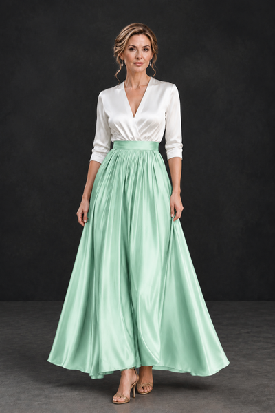 BOLODOO Mint Green and White V-Neck A-Line Mother of the Bride Dress - Mint Green - Mint Green_1