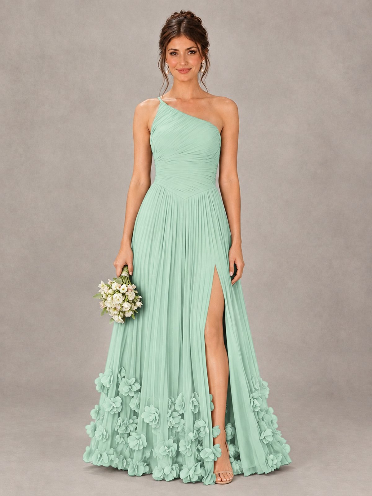 BOLODOO Mint Green One-Shoulder Pleated Bridesmaid Dress with 3D Floral Hem - Mint Green - Mint Green_1
