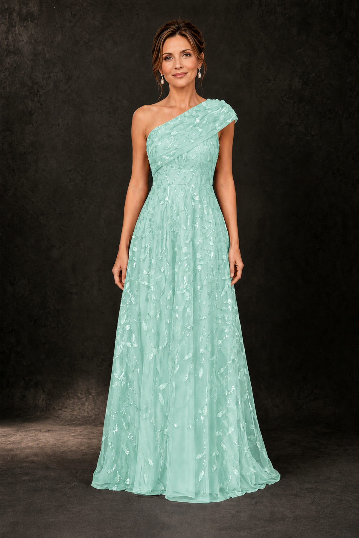 BOLODOO Mint Green Leaf Sequin One-Shoulder A-Line Maxi Gown – Mother of the Bride & Formal Evening Dress - Mint Green - Mint Green_1