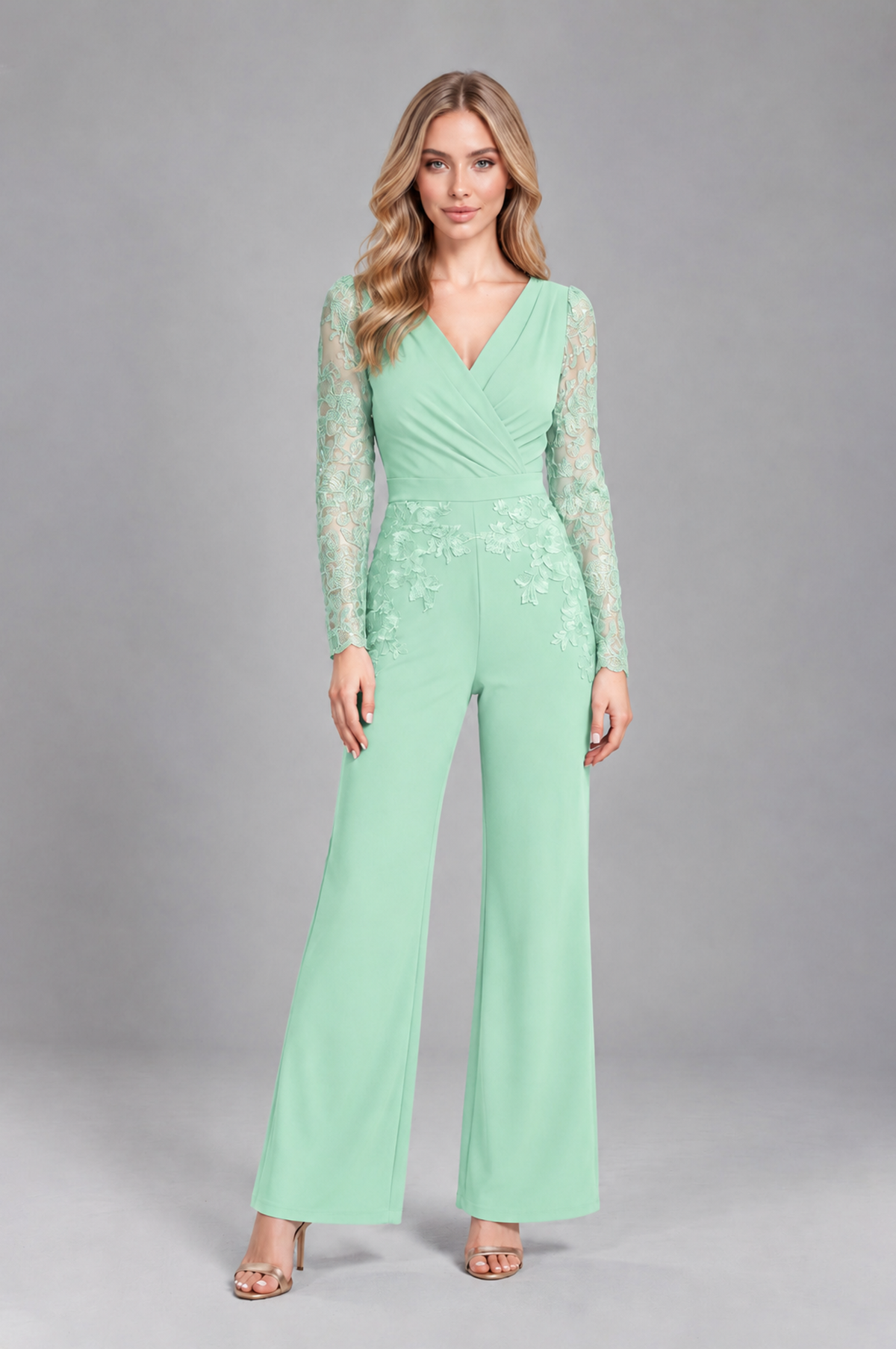 BOLODOO Mint Green Lace Long-Sleeve V-Neck Mother Pant Suit - Mint Green - Mint Green_1