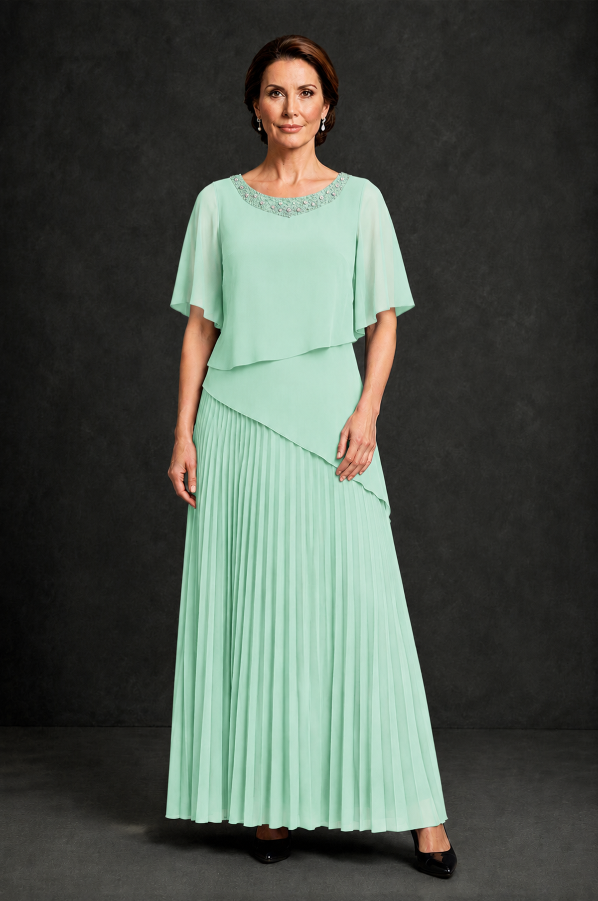 BOLODOO Mint Green Pearl Beaded Neck Asymmetric Tiered Flutter Sleeve Pleated Chiffon Maxi Dress - Mint Green - Mint_Green_1