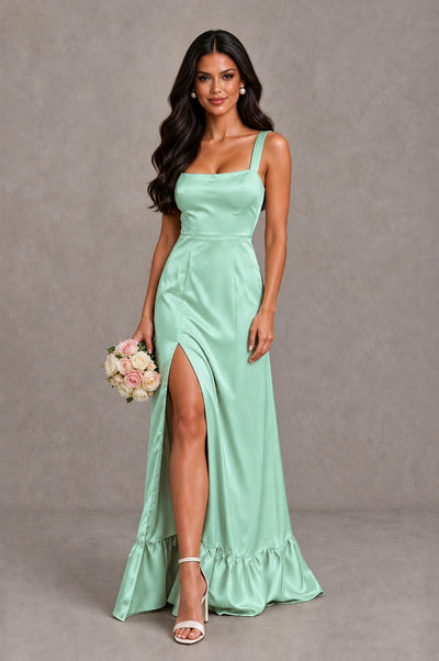 BOLODOO Mint Green Square Neck Satin Evening Dress with Lace-Up Back and High Slit - Mint Green - Mint Green_1