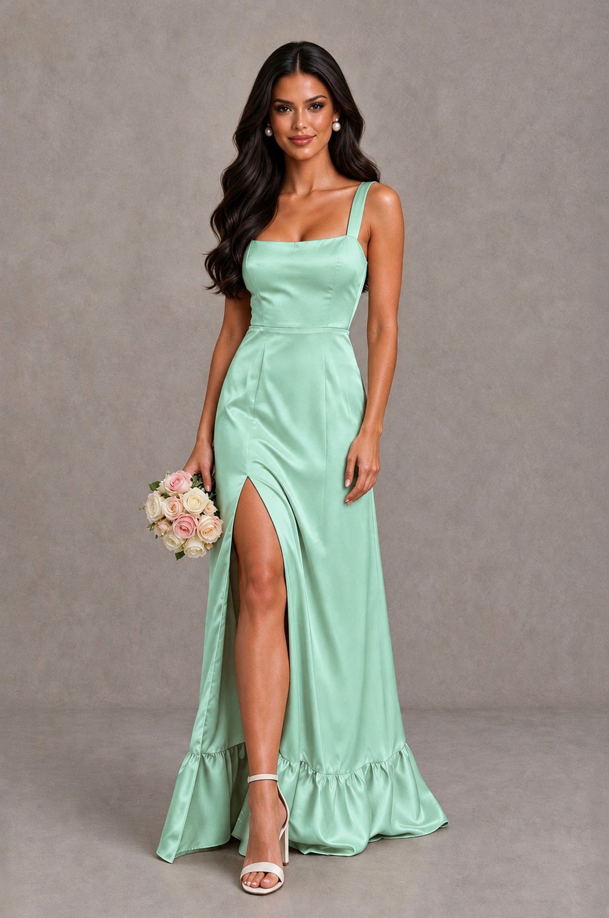 BOLODOO Mint Green Square Neck Satin Evening Dress with Lace-Up Back and High Slit - Mint Green - Mint Green_1