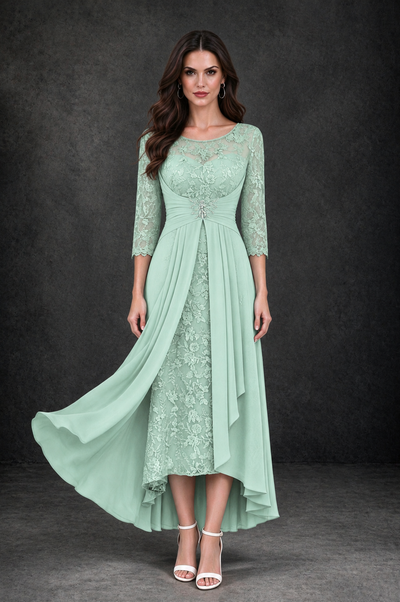 BOLODOO Mint Green Sequin Lace & Chiffon Tea-Length Mother of the Bride Dress with 3/4 Sleeves - Mint Green - Mint_Green_1