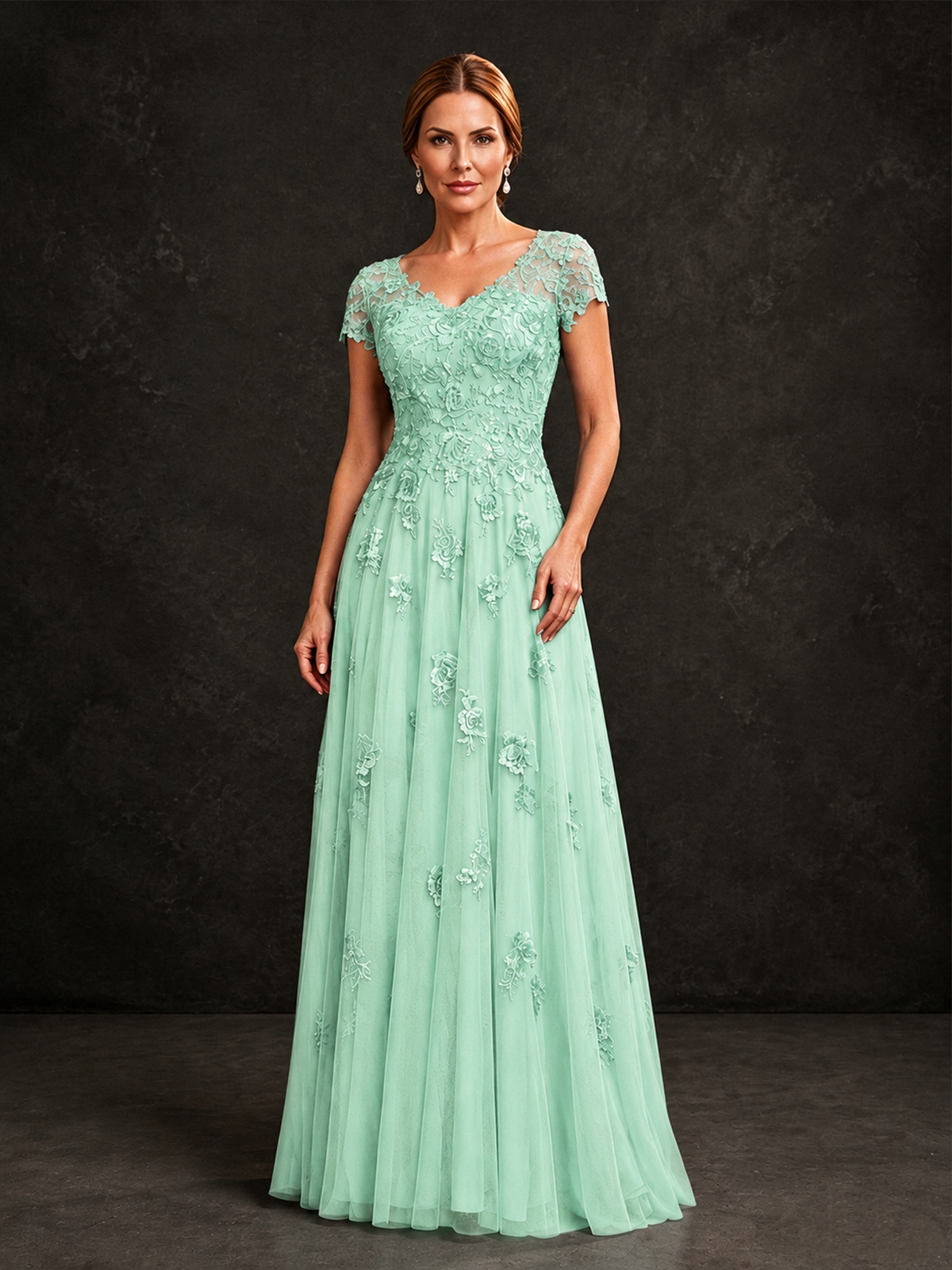 BOLODOO Mint Green Cap Sleeve Lace Appliqué A-Line Formal Gown | Mother of the Bride Dress - Mint Green - Mint Green_1