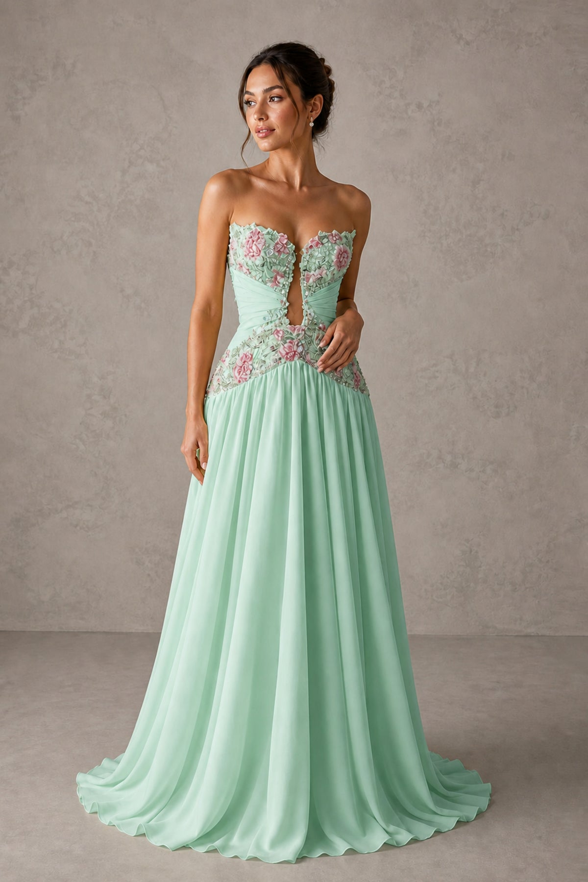 Mint Green Strapless Sweetheart A-Line Chiffon Gown with 3D Floral Appliques & Cutout | BOLODOO - Mint Green