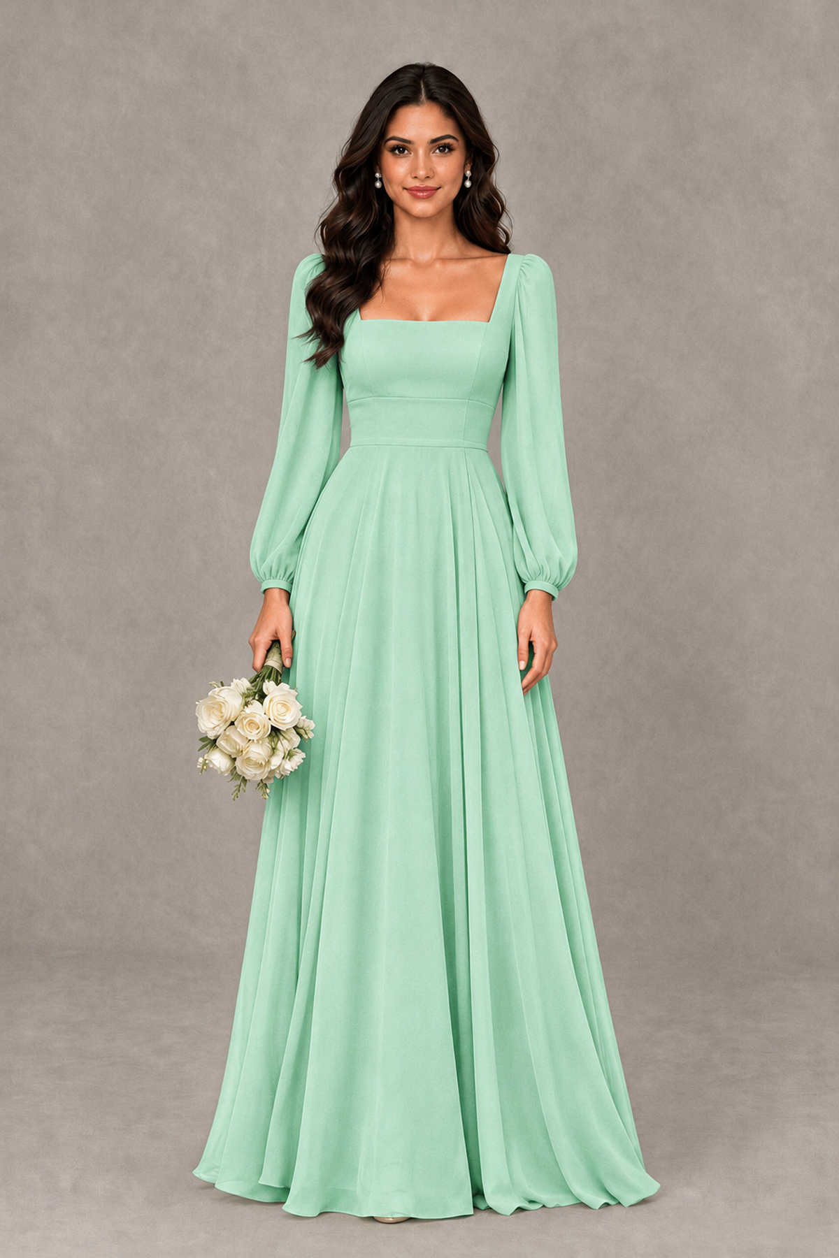 BOLODOO Mint Green Square Neck Long Sleeve A-Line Bridesmaid Dress - Mint Green - Mint Green_1