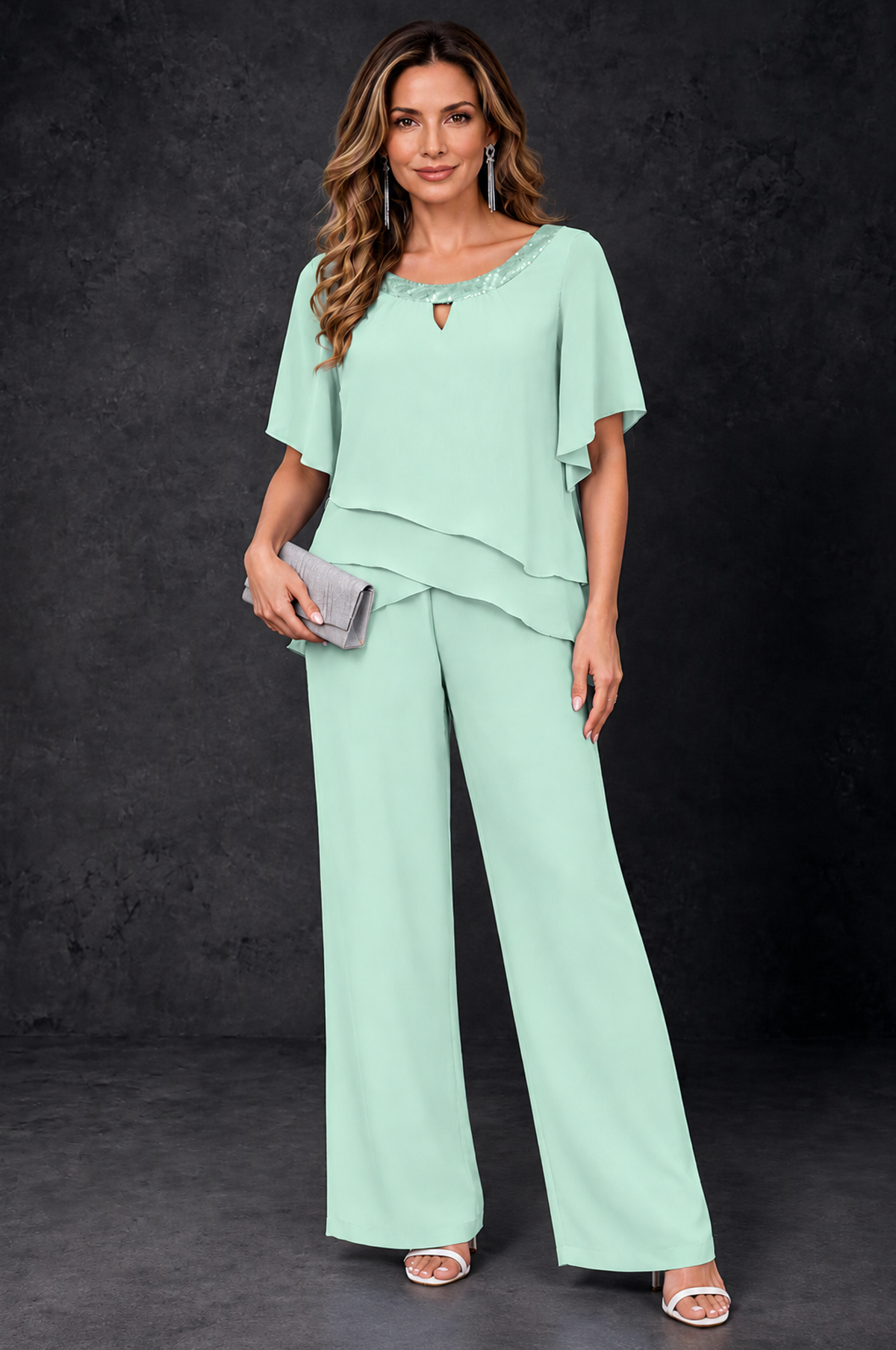 BOLODOO Mint Green Layered Chiffon-Look Mother of the Bride Pantsuit - Mint Green - Mint_Green_1