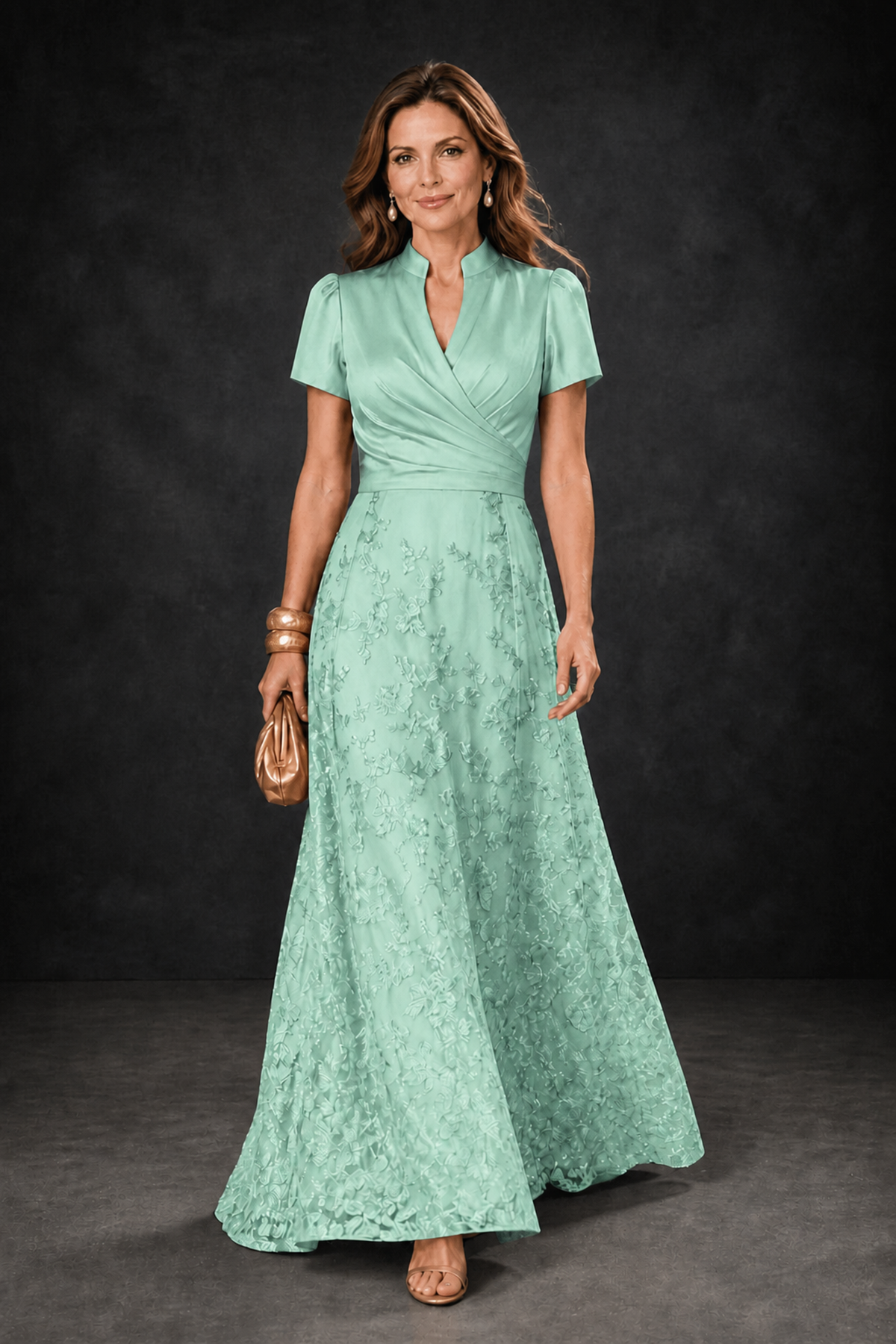 BOLODOO Mint Green Satin Wrap V-Neck Short Sleeve Lace Glitter A-Line Floor Length Evening Gown – Formal Dress - Mint Green - Mint_Green_1