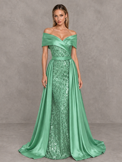 BOLODOO Mint Green Sequin Mermaid Evening Dress with Detachable Satin Overskirt and Sweep Train - Mint Green - Mint Green_1