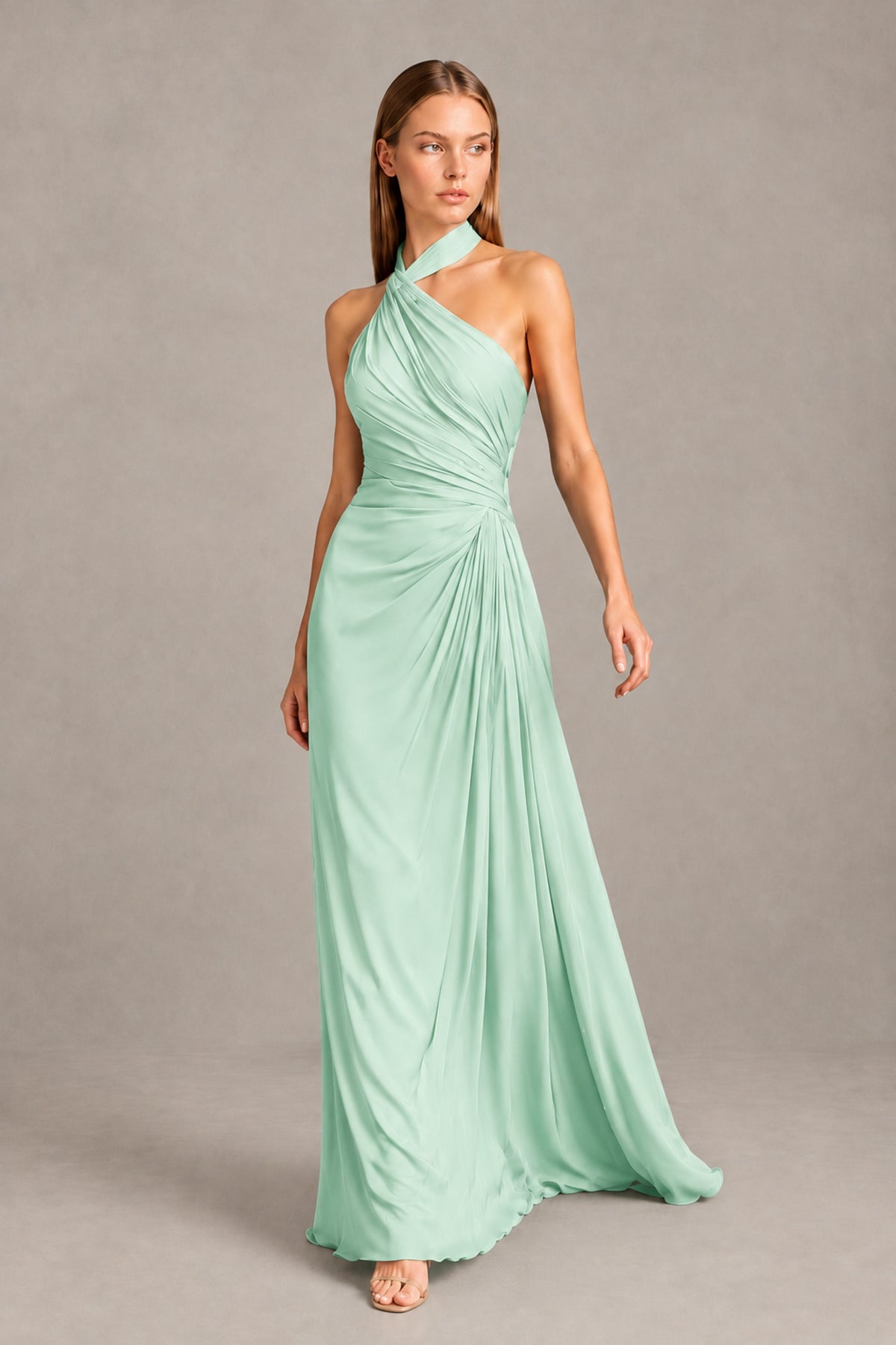 BOLODOO Mint Green Twisted Halter Neck Ruched Sleeveless Open Back Floor-Length Gown - Mint Green - Mint_Green_1