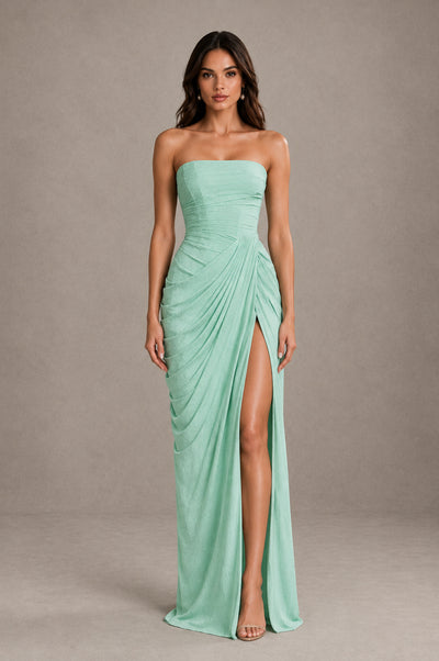 BOLODOO Strapless Draped Maxi Dress - Mint Green Backless Evening Gown with High Slit - Mint Green - Mint Green_1