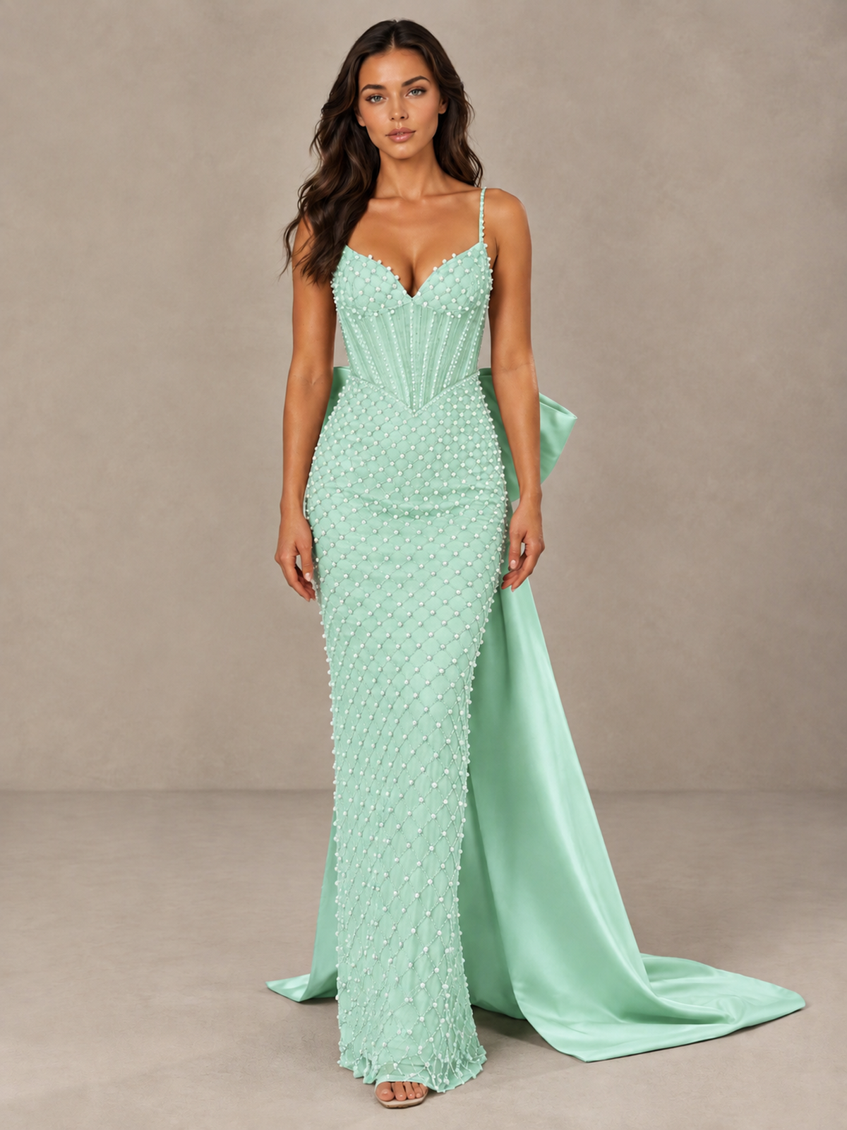 BOLODOO Mint Green Beaded Corset Prom Dress with Bow Train - Mint Green - Mint_Green_1