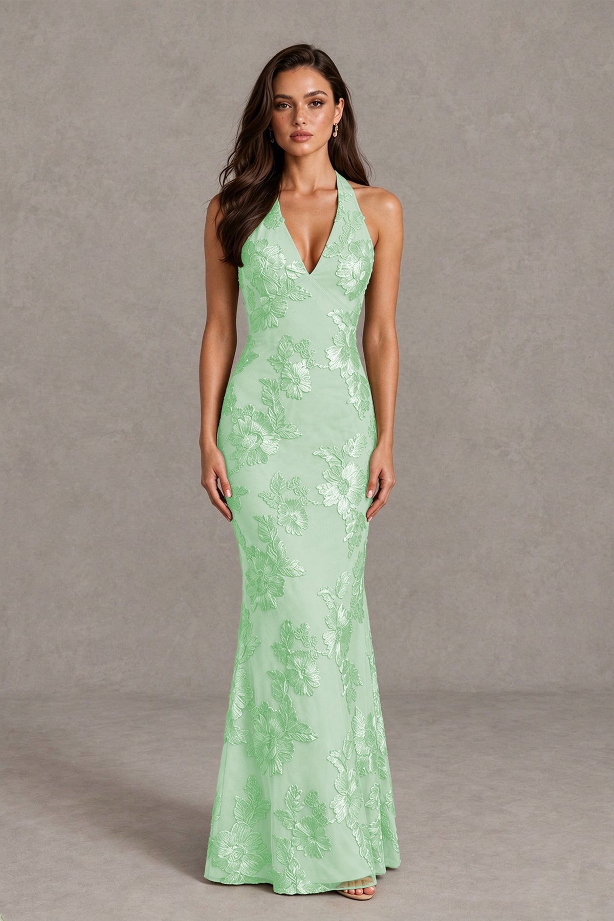 BOLODOO Mint Green Floral Jacquard Halter Maxi Dress - Mint Green - Mint Green(1)