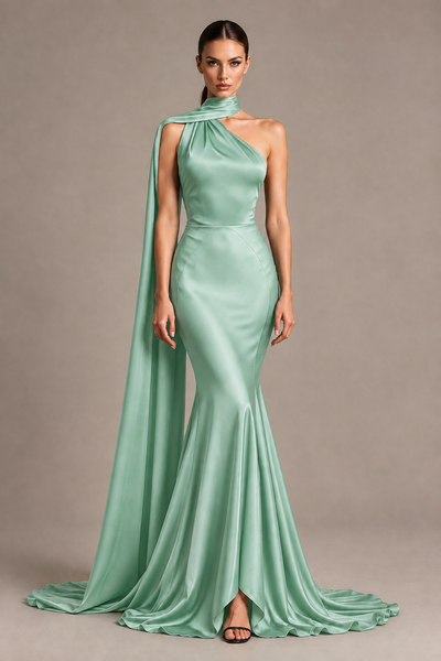 BOLODOO Mint Green One-Shoulder Satin Mermaid Evening Dress with Scarf - Mint Green - Mint Green_1