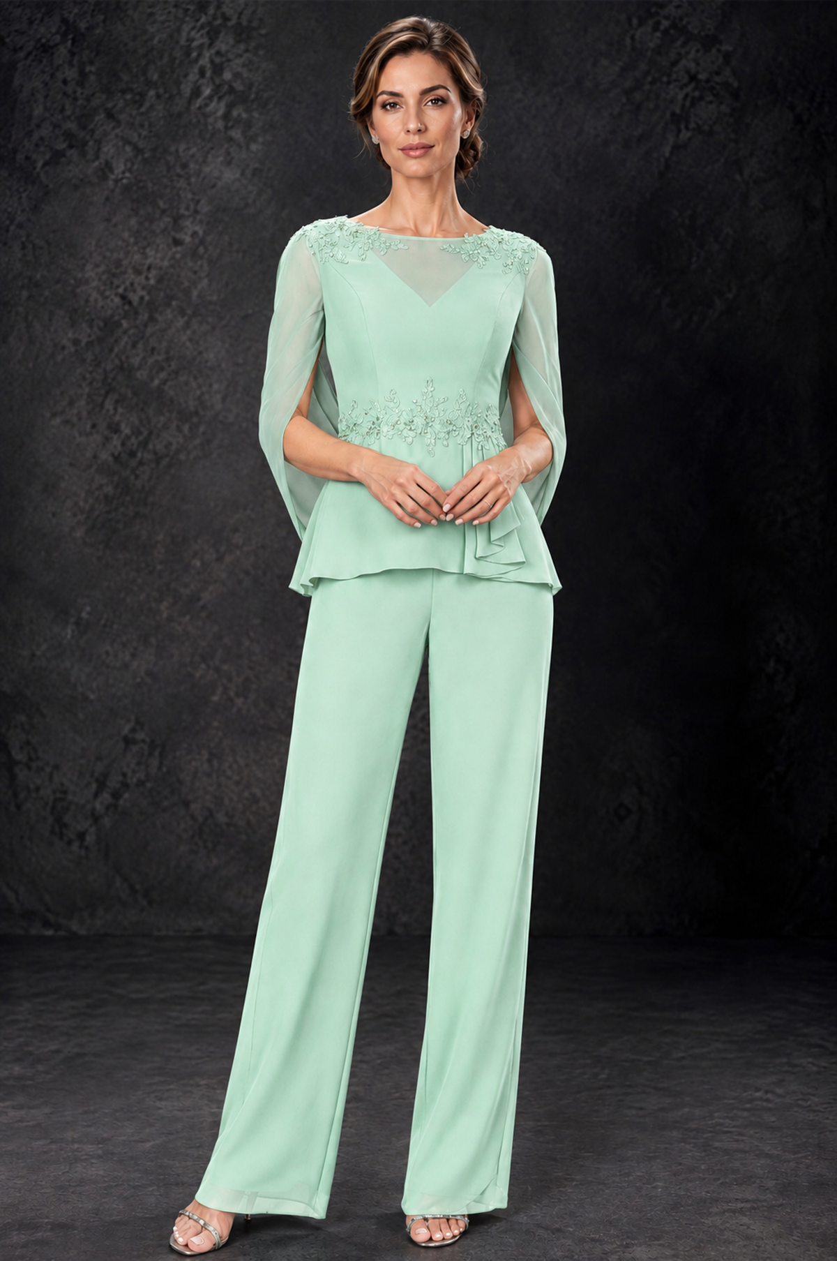 BOLODOO Mint Green Embellished Cape Sleeve Mother of the Bride Pantsuit - Mint Green - Mint_Green_1