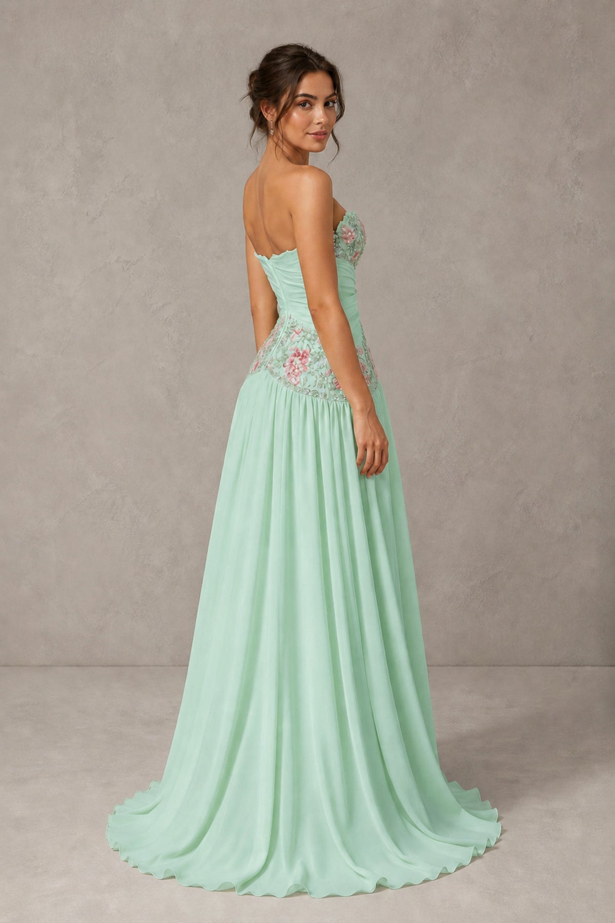 Mint Green Strapless Sweetheart A-Line Chiffon Gown with 3D Floral Appliques & Cutout | BOLODOO - Mint Green