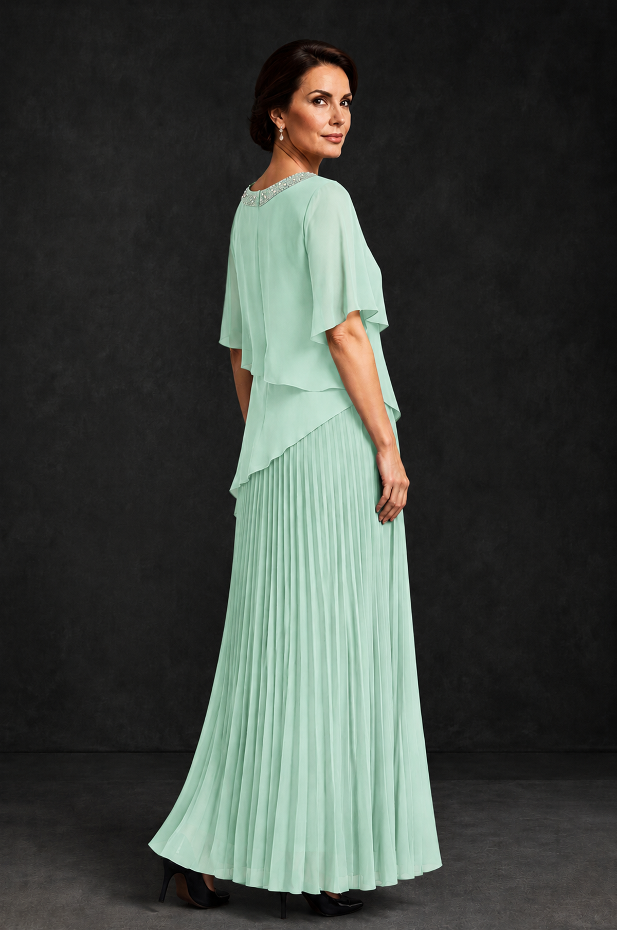 BOLODOO Mint Green Pearl Beaded Neck Asymmetric Tiered Flutter Sleeve Pleated Chiffon Maxi Dress - Mint Green - Mint_Green_2