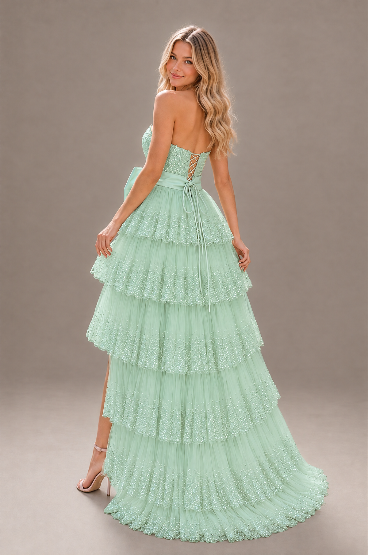 BOLODOO Mint Green Strapless Tiered Tulle Prom Dress with Bow - Mint Green - Mint_Green_2