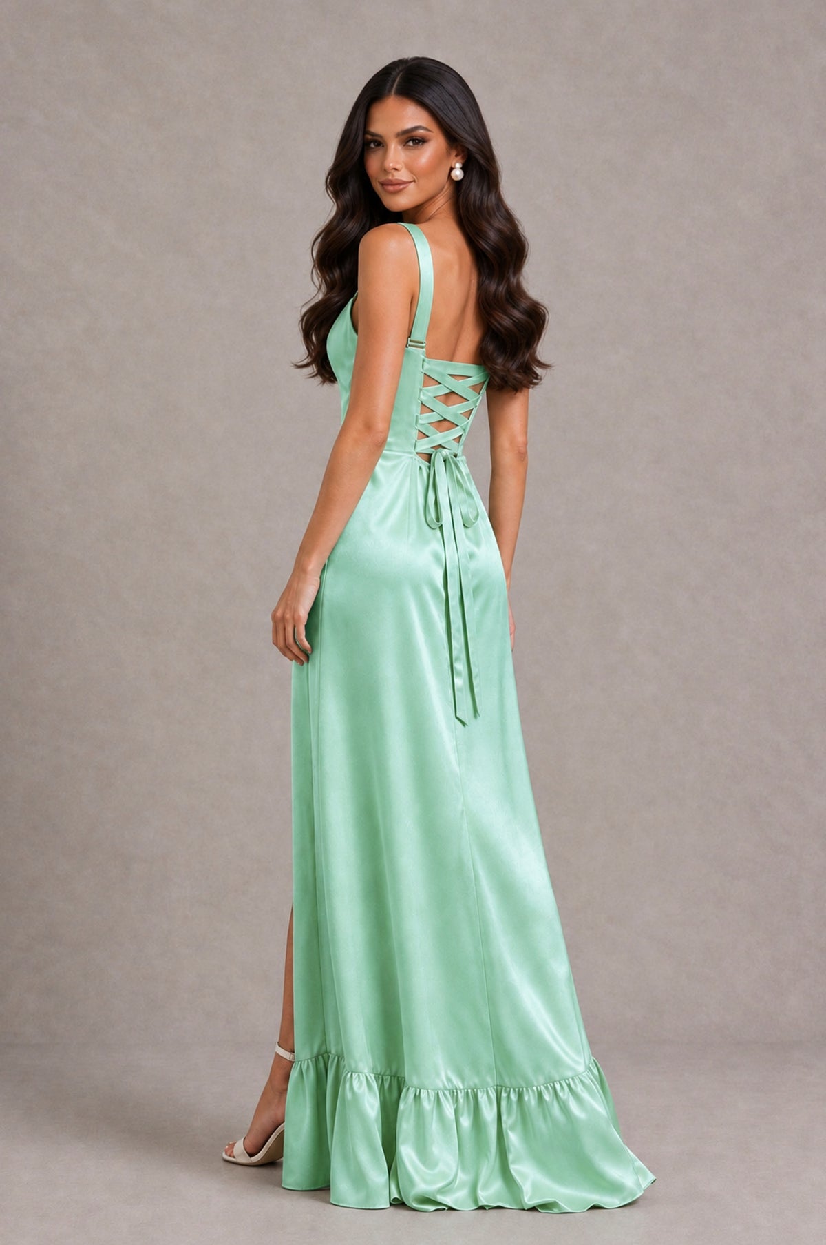 BOLODOO Mint Green Square Neck Satin Evening Dress with Lace-Up Back and High Slit - Mint Green - Mint Green_2